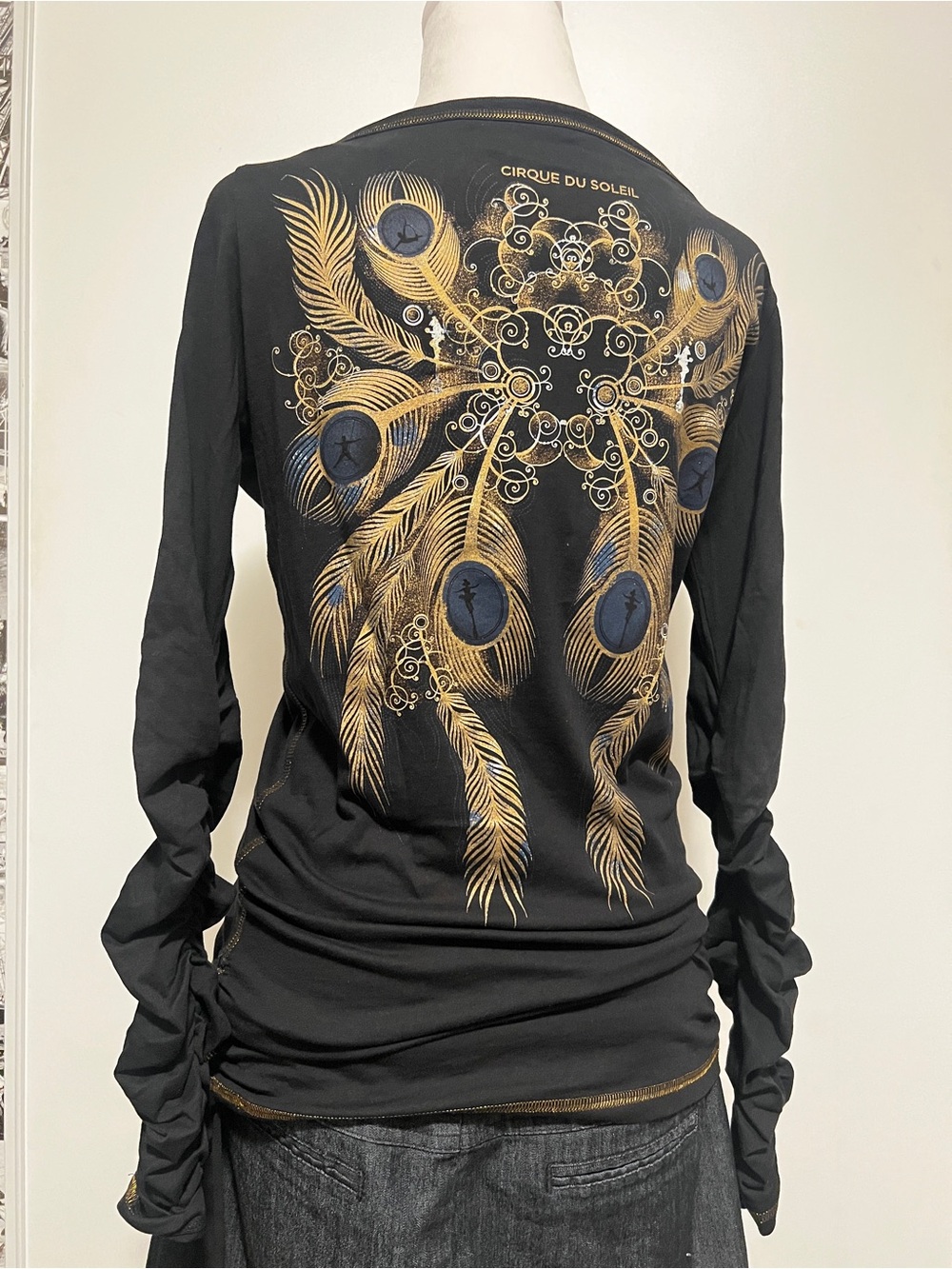 Vintage Cirque du Soleil Metallic Gold Peacock Graphic Ruched Sleeve Top G/L Y2K